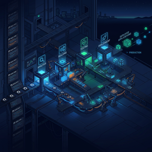 Dimly lit automated factory floor with robotic arms assembling software components (represented as glowing code blocks and API connections), conveyor belts moving GitHub issues through stages, with a single glass-walled office above where one person reviews specs on a screen