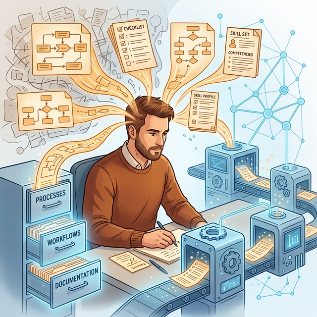 Illustration of a person's head with thought bubbles containing workflows, checklists, and diagrams flowing out of the head and into organised filing cabinets and machines