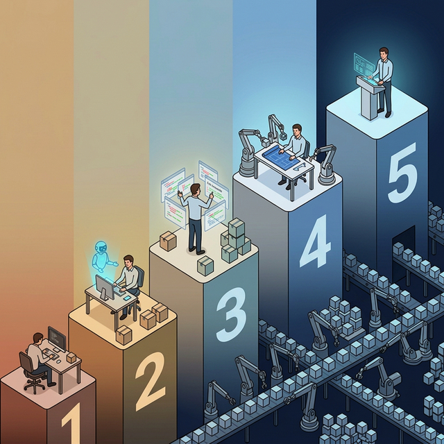 Illustration showing the five levels as an ascending staircase, with crowds of people clustered at levels 2 and 3, a few at level 4, and a single figure entering a dark doorway at level 5