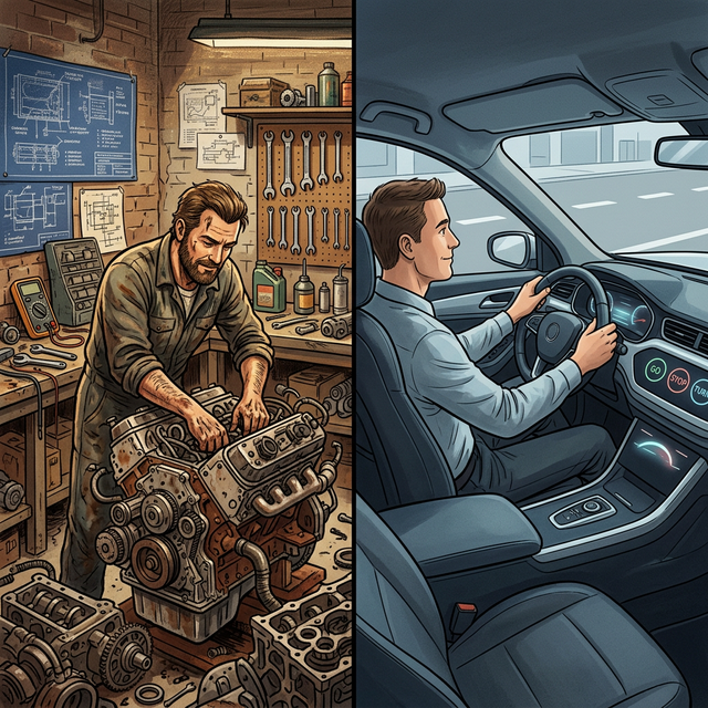 Illustration of a mechanic surrounded by engine parts, blueprints, and tools, confidently building something complex, contrasted with a driver simply sitting in a finished car pressing buttons