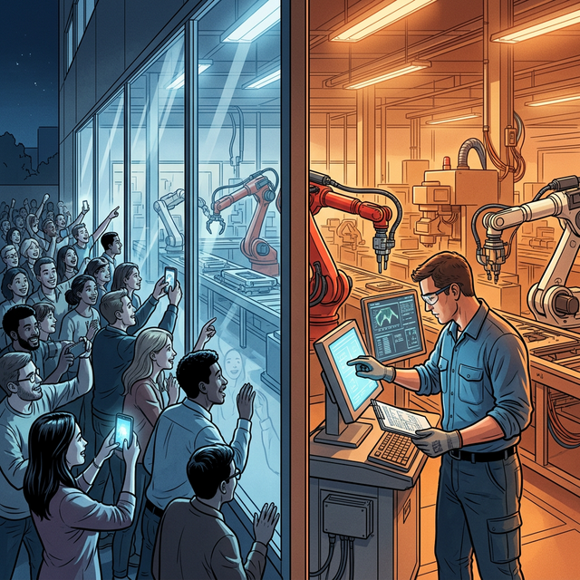 Split image: on left, a crowd watching through a window as robots work inside a factory; on right, a single person inside the factory working alongside the robots