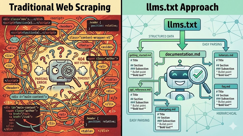 Diagram showing traditional web scraping on left (HTML soup) versus llms.txt approach on right (clean structured discovery)